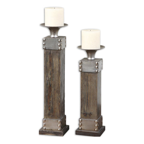 Uttermost Lican 2 Candleholders in Natural Wood w/ Silver accents